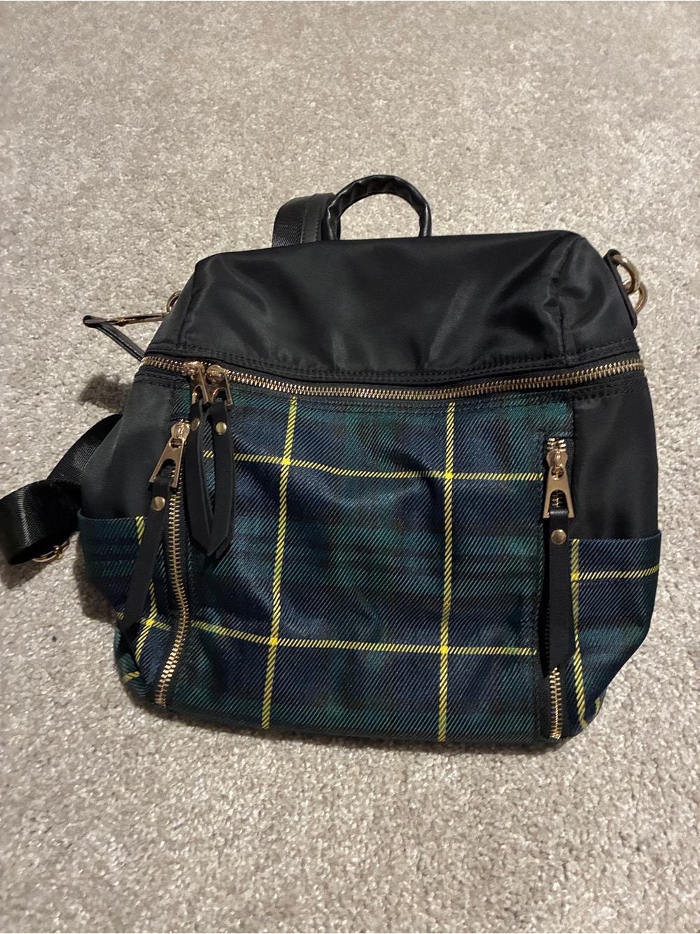 Women’s Black Carry Bag with Green and Navy Plaid Swiss print